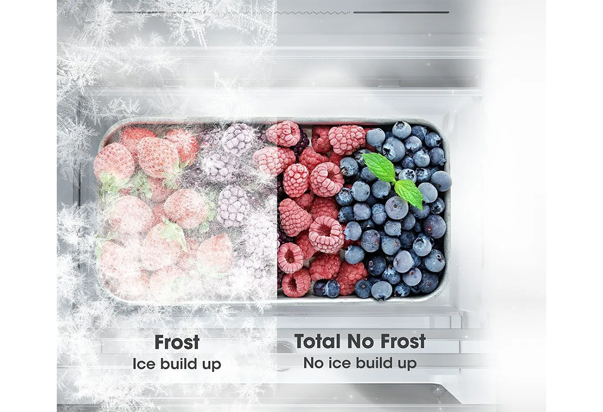 Απεικονίζονται φρούτα να διατηρούνται με και χωρίς τη έιτουργία Total No Frost.